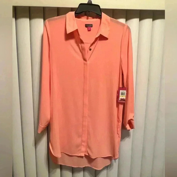 NWT VINCE CAMUTO Coral Tunic Button Front Hi Lo Hemline Blouse Shirt Dress Sz M - Picture 2 of 7